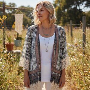 Boho Sheer Kimono Cardigan Paisley Print Lace Trim Duster One Size